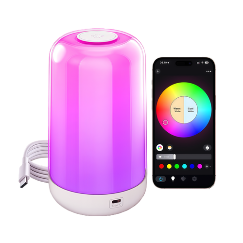 Uppladdningsbar RGB+CCT LED bord-/nattlampa - Bluetooth, Vit, touch dimbar, IP20 inomhus