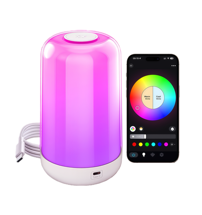 Uppladdningsbar RGB+CCT LED bord-/nattlampa - Bluetooth, Vit, touch dimbar, IP20 inomhus