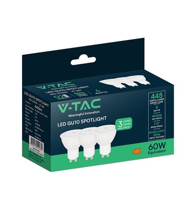 3 st. V-Tac 6W GU10 LED lampor - 445lm, 110 grader, 4000K