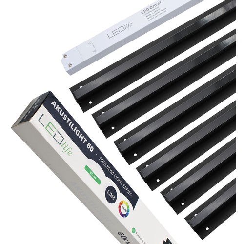 Svart Troldtekt LED Skenset 6x60 cm - Planförsänkt, Akustilight inkl. kablar och drivdon