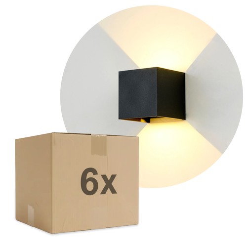 6-pack 6W CUBIC PRO vägglampa - IP65, svart, vidarekoppling, justerbar, fyrkantig, upp/ner, inne/ute, inkl. ljuskälla