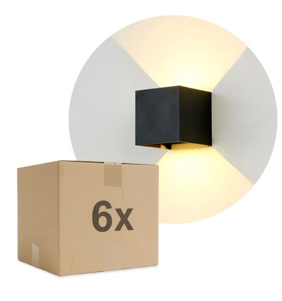 6-pack 6W CUBIC PRO vägglampa - IP65, svart, vidarekoppling, justerbar, fyrkantig, upp/ner, inne/ute, inkl. ljuskälla