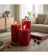 LED blockljus Ø7,5cm, 3st, smält-look, flammeffekt - bordeauxröd