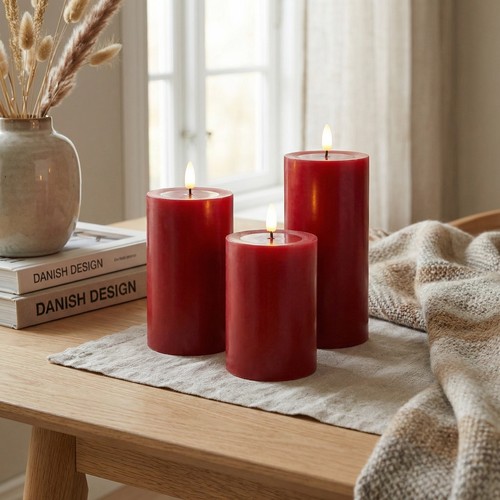 LED blockljus Ø7,5cm, 3st, smält-look, flammeffekt - bordeauxröd