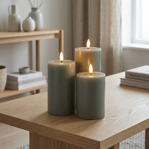 Set med 3 st. LED-blockljus, grön - Ø7,5cm, 10/12,5/15cm hög, fungerar m. fjärrkontroll (ej inkl.), timer, äkta stearin