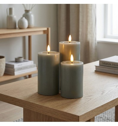Set med 3 st. LED-blockljus, grön - Ø7,5cm, 10/12,5/15cm hög, fungerar m. fjärrkontroll, timer, äkta stearin