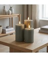 Set med 3 st. LED-blockljus, grön - Ø7,5cm, 10/12,5/15cm hög, fungerar m. fjärrkontroll (ej inkl.), timer, äkta stearin