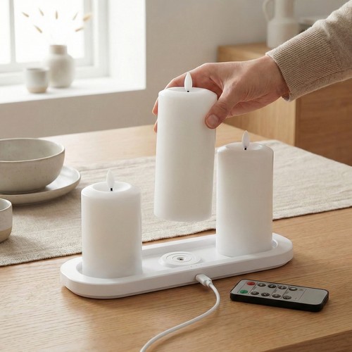 3-pack vita LED-stearinljus, flameffekt - Ø2,2cm, Höjd: 24,5cm, kronljus, fungerar inkl. fjärrkontroll, timer