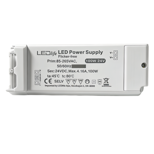 100W / 24V DC strömförsörjning - 4,16A, IP20 inomhus, Flicker free