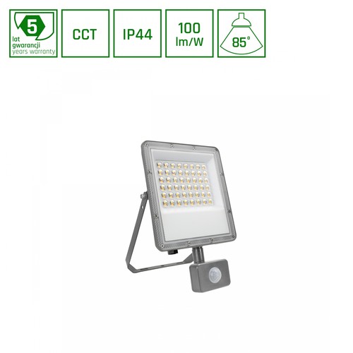 50W NOCTIS MAX CCT strålkastare med sensor - IP44, PIR, 3 färgtemperaturer, grå