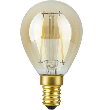 E14 2,9W dimbar LED-kronljuslampa - G45, filament, 2200K, guldglas, 250lm