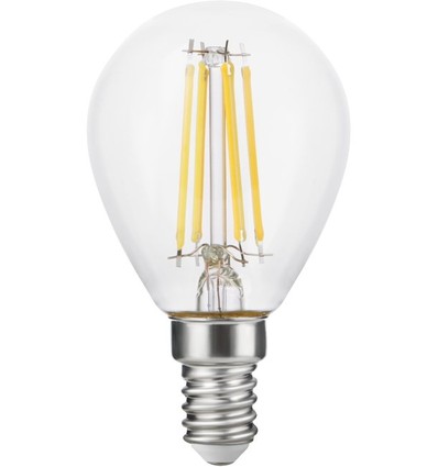 E14 4,7W dimbar LED-kronljuslampa - G45, filament, 470lm, 2500K, klart glas
