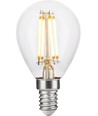 E14 4,7W dimbar LED-kronljuslampa - G45, filament, 470lm, 2500K, klart glas