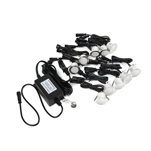 10-pack markspotlights - 0,5W, rund, rostfritt stål, komplett inkl. strömförsörjning