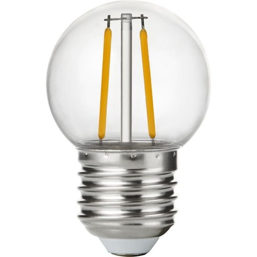 E27 1,5W LED-klotlampa - G45, filament, splitterskyddad, klar plast, 2700K