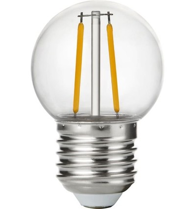E27 1,5W LED-klotlampa - G45, filament, splitterskyddad, klar plast, 2700K