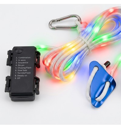3m vitt rep med RGB-ljus - Med karbinhake, max 80kg belastning