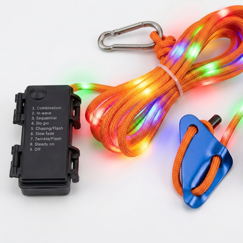 3m orange rep med RGB-ljus - Med karbinhake, max 80kg belastning