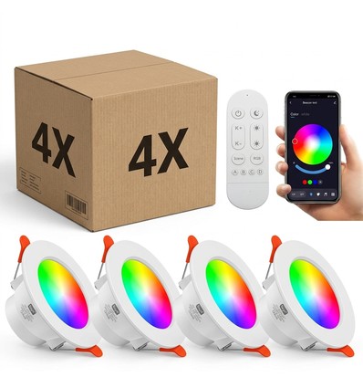 4 st. RGB+CCT Smart Home downlight - 5W LED, Bluetooth, fjärrkontroll