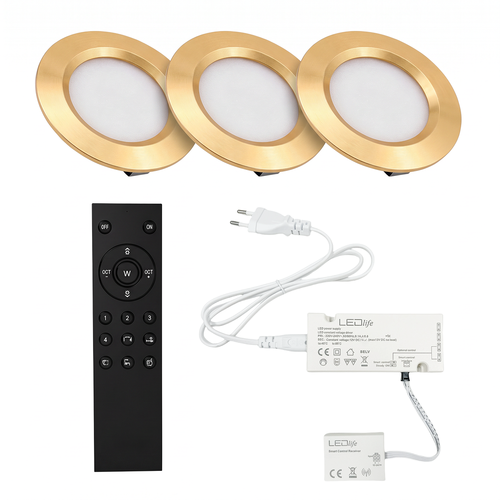 3 st. Reco68 möbelspot dimbar, guld - Välj RF/WiFi/Zigbee strömförsörjning (fjärrkontroll ingår)