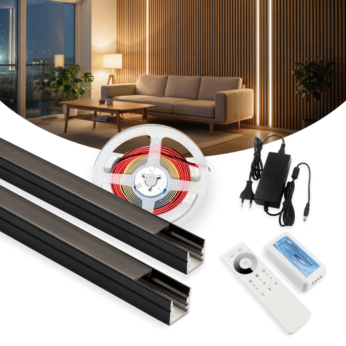 240cm LED Akustikpanel-set, svart - 2 st. CCT LED-strips (240cm) m. 78W strömförsörjning - WiFi eller RF