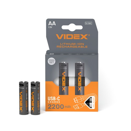 2 st. laddningsbara AA Li-ion-batterier, 1,5V - 2200mAh, USB-C-port, termiskt skydd