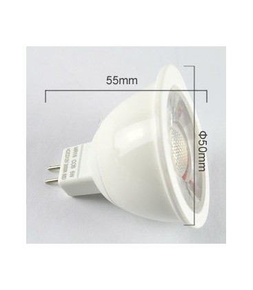 Måttskiss som visar höjd och diameter för en MR16 LED-spotlampa.