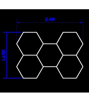 Måttskiss för ett mindre hexagon LED-set med 5 fält som visar panelernas dimensioner.