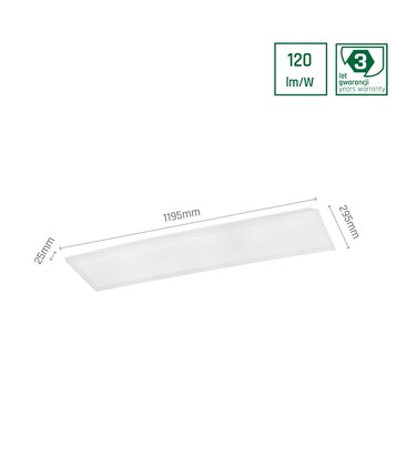 Måttskiss på en 120x30 bakbelyst LED-panel som visar exakta dimensioner för passform.