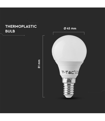 Måttskiss på en kompakt P45 E14 LED-lampa som visar dess totala höjd och diameter.