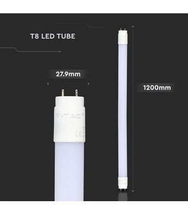 Måttskiss och tekniska specifikationer för ett 120cm T8 LED-lysrör.